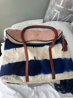 Anthropologie Navy & Cream Striped Canvas Tote with Brown Leather Handles